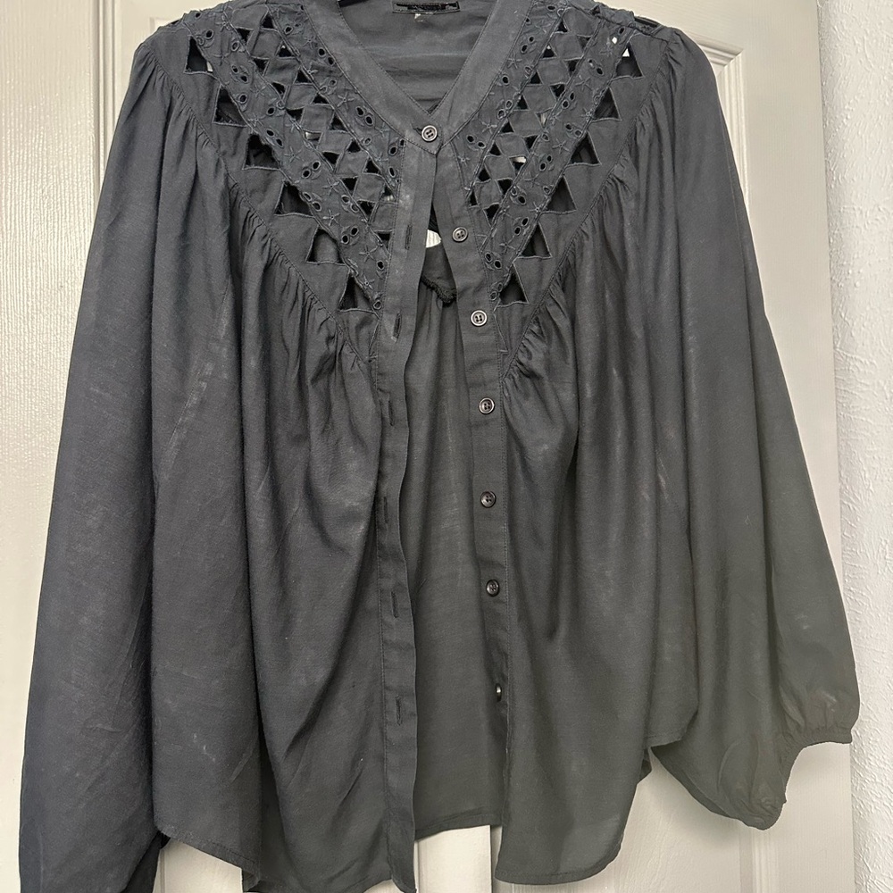 MOTHER Black Blouse with Geometric Lace